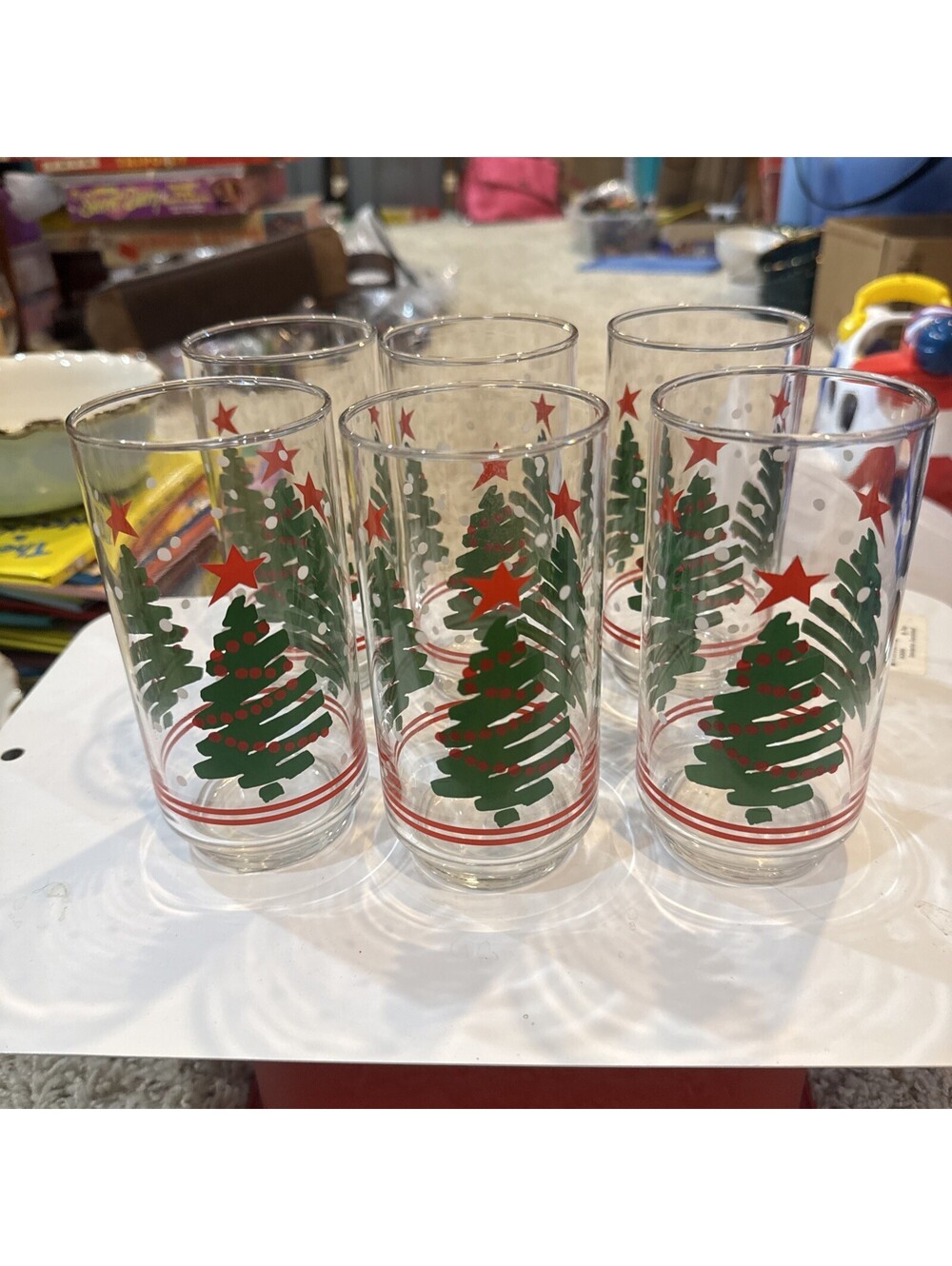 Libbey "Scribble" Christmas tree glass tumblers  set of 6.  never used- 1980/199